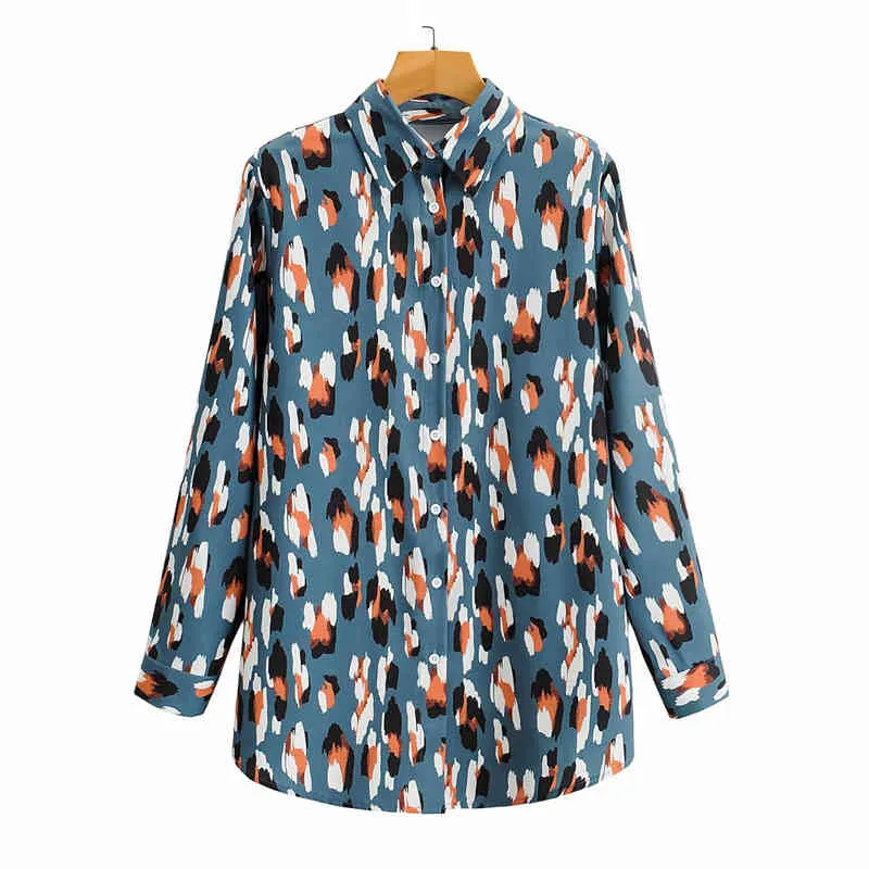 Mode bleu imprimé léopard longues chemises pour femmes printemps décontracté boutonné chemise femme à manches longues Streetwear dames hauts 210430