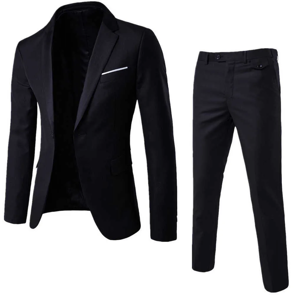 2 adet Set Erkekler Suit Artı Boyutu Erkekler Katı Renk Uzun Kollu Yaka Ince Düğme Takım Elbise İş Giysileri İş Takımları X0909
