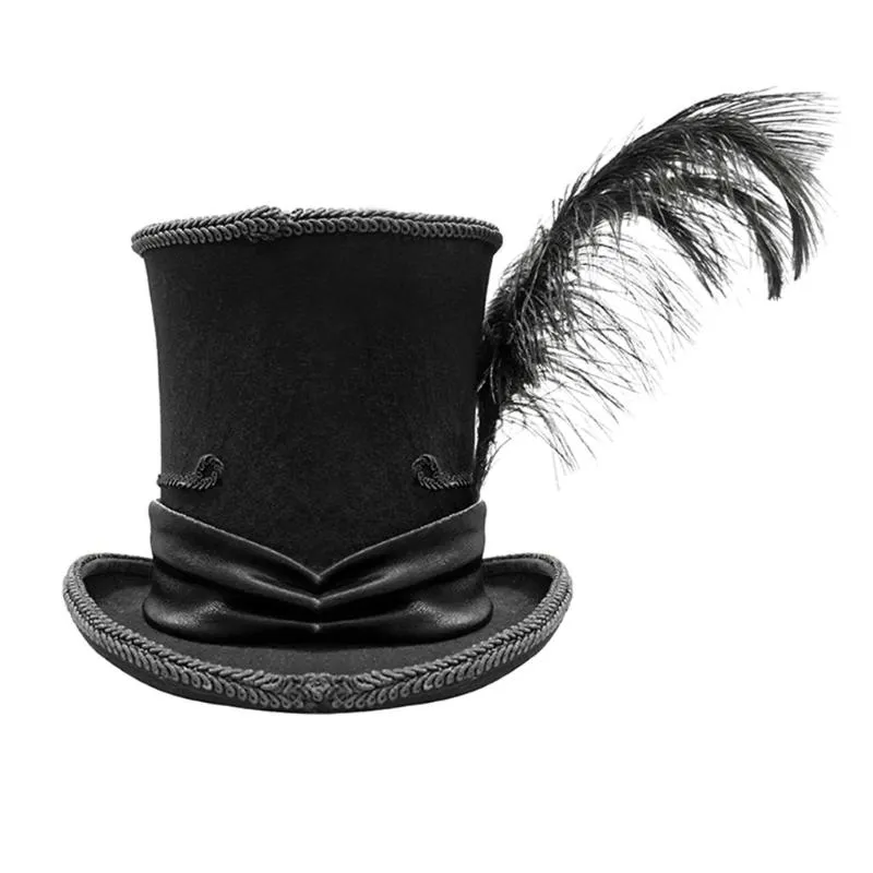Gotisk vintage topp hatt män steampunk cosplay punk party caps fjäder dekoration droppe hög kvalitet breda rist hattar271l