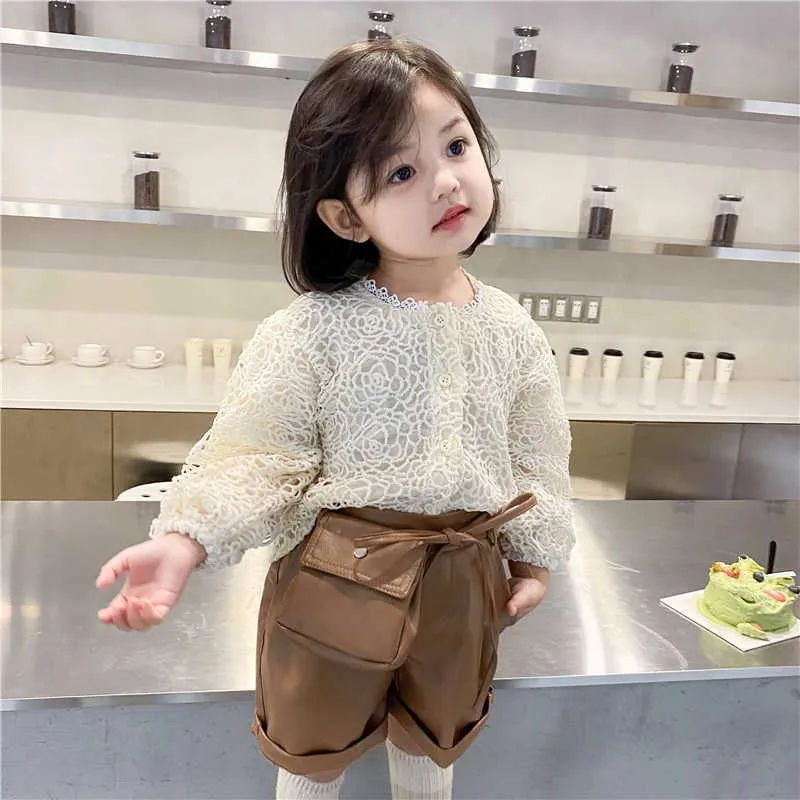 Spring Koreanische Art Baby Mädchen 2-PCs Sets Lace Long Sleeves Hemden + Leder Shorts Kinder Kleidung E5033 210610