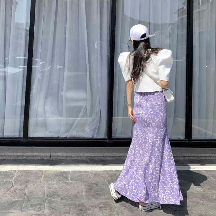 Maxi jupe femmes jupes vêtements taille haute Harajuku Vintage Streetwear Floral décontracté en mousseline de soie mode jupes 210518