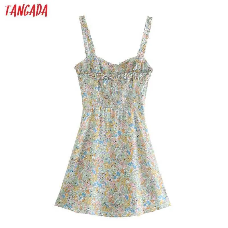 Tangada Mode Femmes Fleurs Imprimer Volants Robe Sans Manches Dos Nu Zipper Femme Sundress 4N66 210609