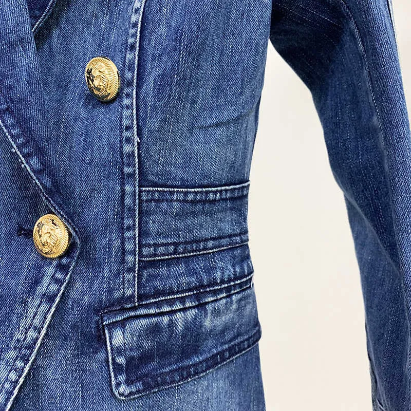 HIGH STREET Fashion Designer Blazer Jas vrouwen Metalen Leeuw Knoppen Double Breasted Denim Buitenjas 210929