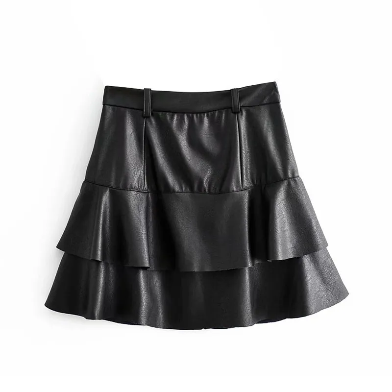 スタイリッシュなシックなブラックPUレザーRuchedミニスカートファッション女性のスカートカジュアルストリートウェアJupe Femme 210430