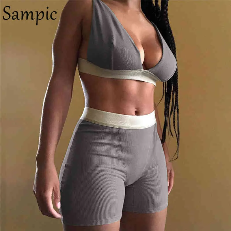 Sampic Sexy Women Summer Set V Neck Sem Mangas Sport Tops e Bodycon Skinny Biker Shorts Dois peça Set Outfits Outfits Suit 2020 x0428