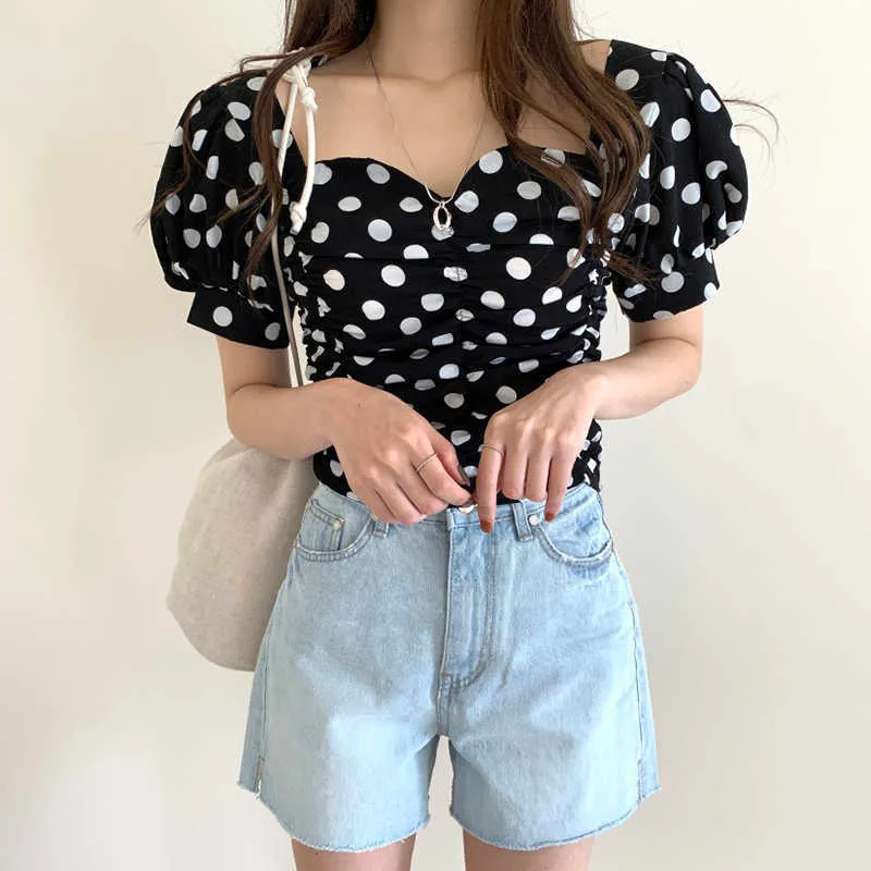 Korjpaa Kvinnor Sommar Sommar Korea Chic Square Neck Pläterad Polka Dot Puff Sleeve Skjorta Hög midja Straight Blue Denim Pants 210526