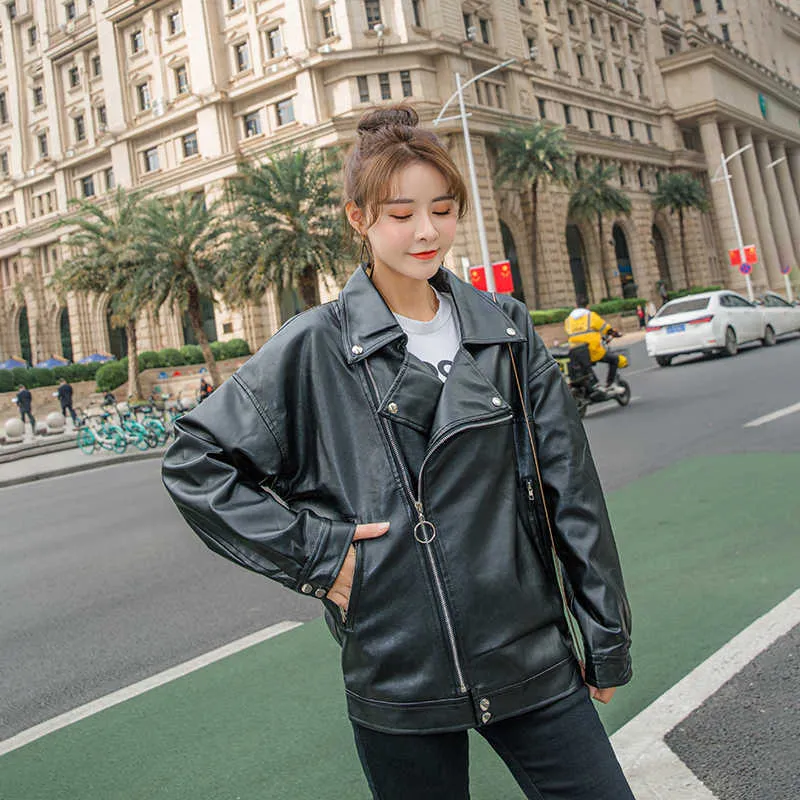 Giacca da moto in pelle corta casual Capispalla da donna Giacca da motociclista allentata coreana Donna Primavera Streetwear Lady Businesschic Top 210604