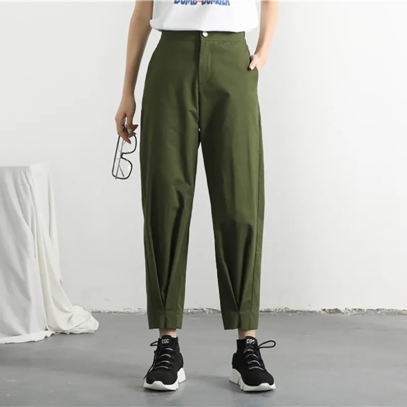 Pantalones verdes del ejército Verano de las mujeres de cintura alta delgada lápiz suelto carga pantalones de tobillo moda femenina 210427