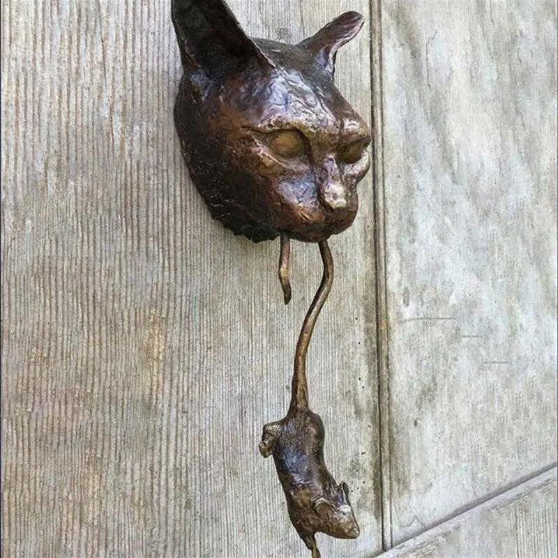 Chat et souris heurtoir de porte Sculpture brun rouillé en fonte mur résine ornement accessoires maison jardin décoration artisanat 210607302L