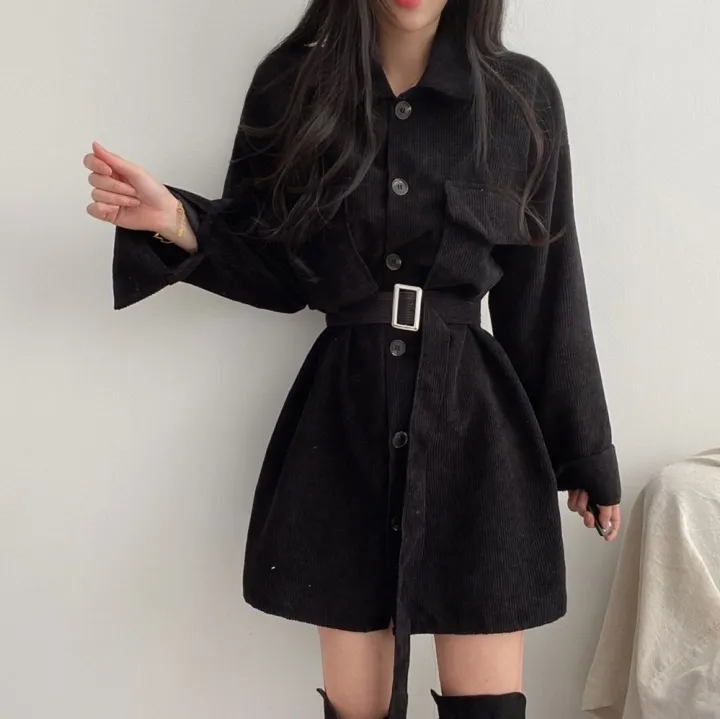 Autumn Women Corduroy Shirt Dress Loose Korean Kimono Long Sleeve Turn Down Collar Buttons Up Pockets Sashes Mini Dresses 210513