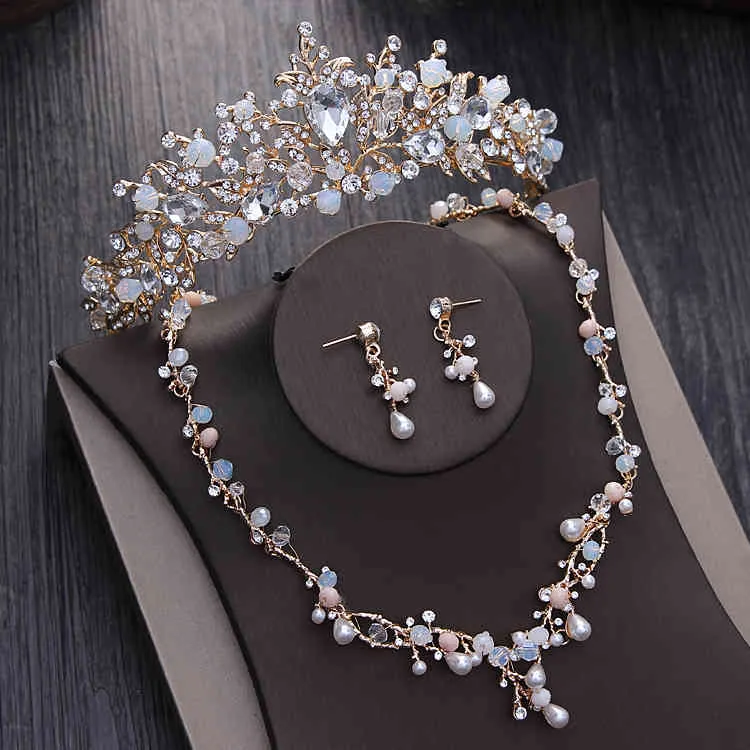 Edle Kristallperlen Perle Gold Braut-Sets Strass Diadem Tiaras Halskette Ohrringe Barock Krone Hochzeit Schmuck-Set