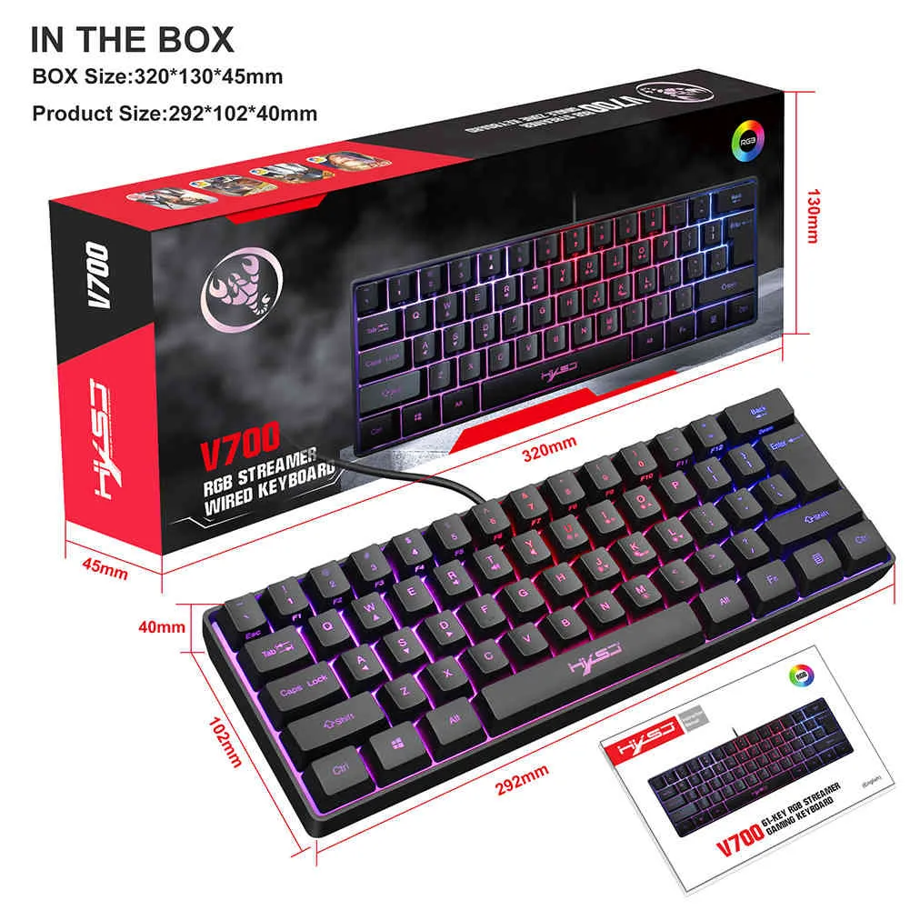 Wired Gaming Keyboard Adjustable RGB Multiple Shortcut 61 Keys Keypad USB Backlight PC Gamers drop shipping Pink keyboard