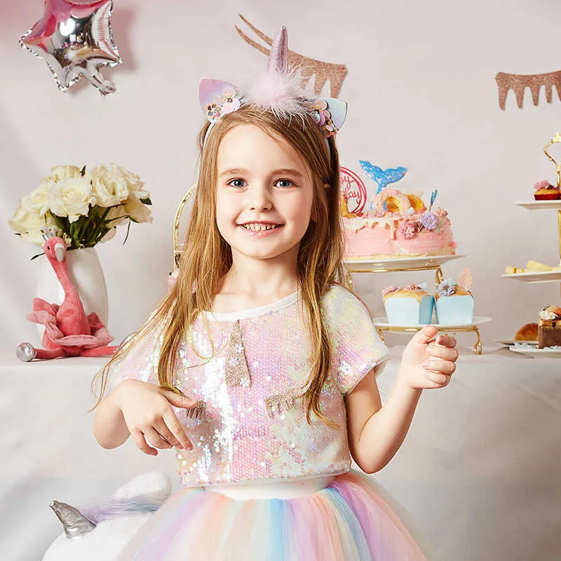 İlkbahar Yaz Kız 'Giyim Setleri Payetli Tops + Gökkuşağı Örgü Etek 2 adet Suit Prenses Toddler Bebek Çocuk Çocuk Giysileri 210625
