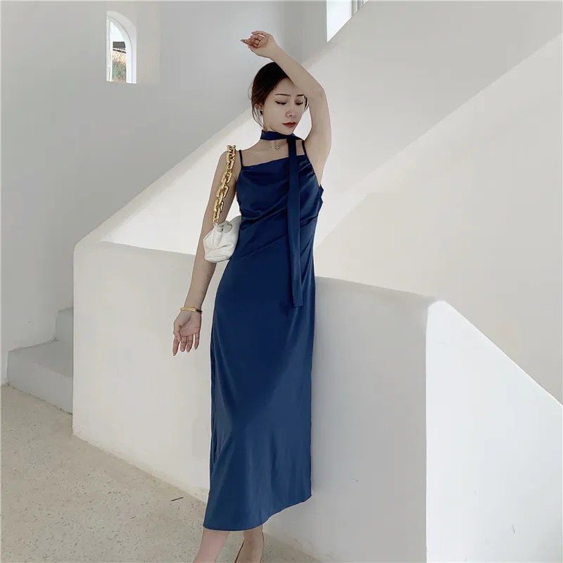 Women's Summer Sundresses Blue Satin Dress Holiday Folds High Waist Sexy Spliting Spaghetti Strap Femme Robe 210514