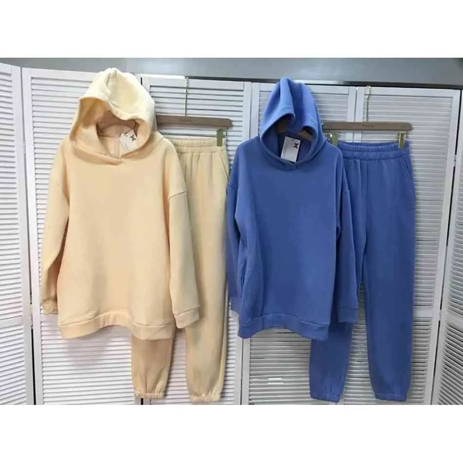 Free Women's Loose Warm Sports Set Long Sleeve Hoodie Plus Fleece Sweater Elastic Pants Two-piece Casual 210524