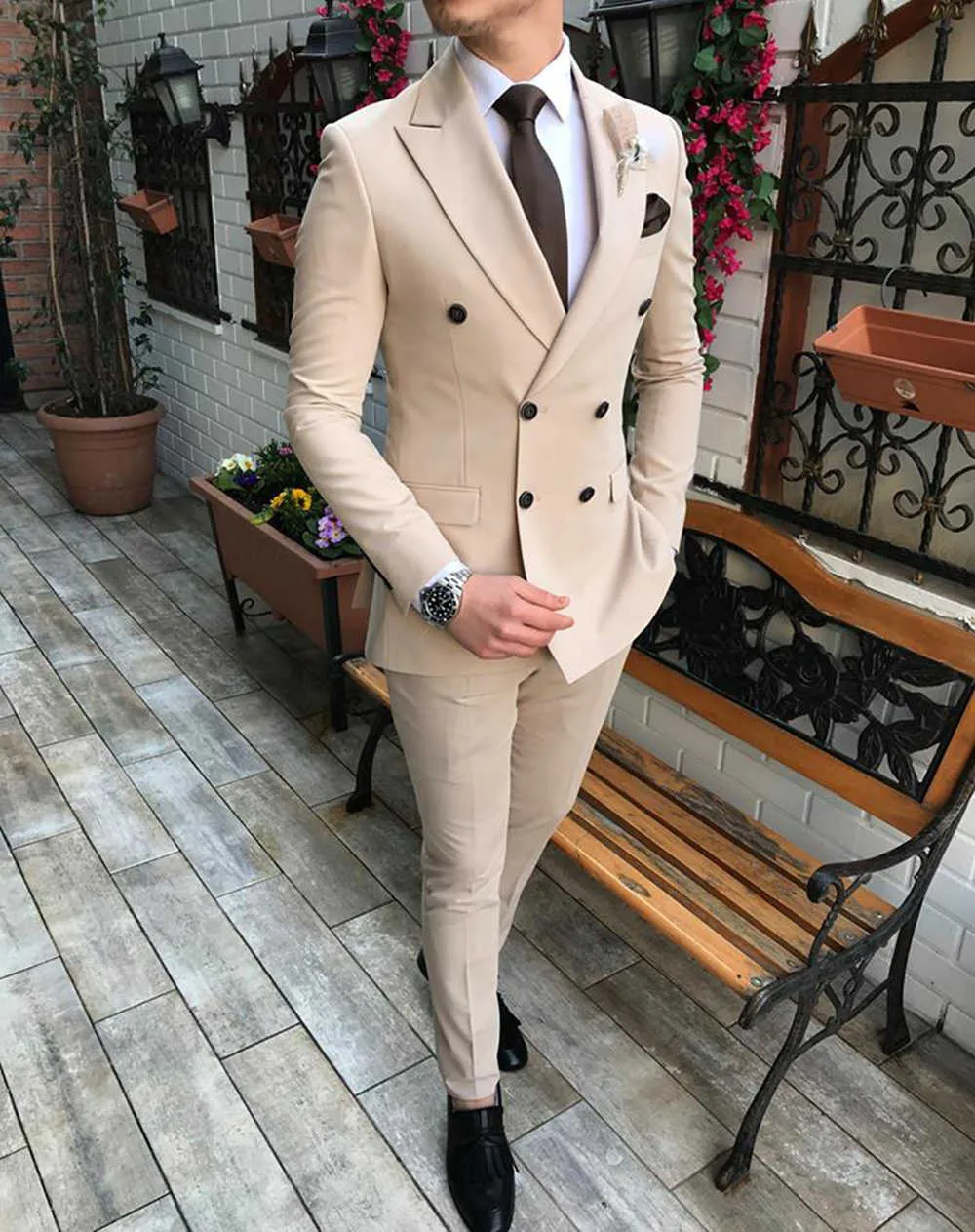 2019-New-Beige-Men-s-Suit-2-Pieces-Double-breasted-Notch-Lapel-Flat-Slim-Fit-Casual