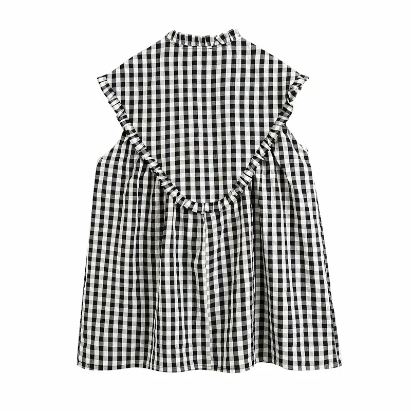 Qooth Retro Plaid V-Neck Ruffled Sleeve Pullover Klänning Kvinnors Sommarstil Lös Klänning Causal Short Sleeve Dress Qt704 210518