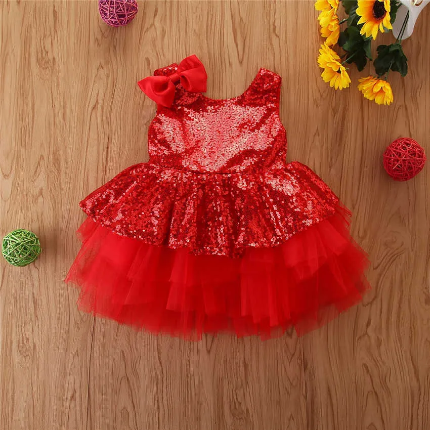 1-6Y enfant en bas âge bébé filles robe de soirée grand nœud papillon paillettes solide dentelle Tutu robe de princesse robe d'été 4 couleurs Q0716