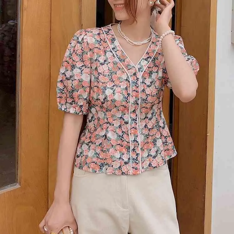 Vintage Print Slim Waisted Blouse Woman Shirts Temperament V-neck Camisas De Mujer Summer Short Sleeve Womens Tops 210514