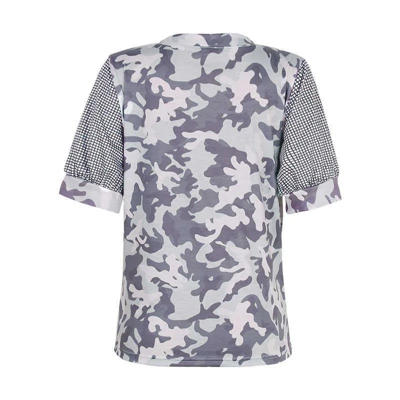 Moda camisetas Camuflagem de verão feminina cópia v neck tops manta retalhos lanterna lanterna manga curta mulheres camiseta casual solta Tees 210526