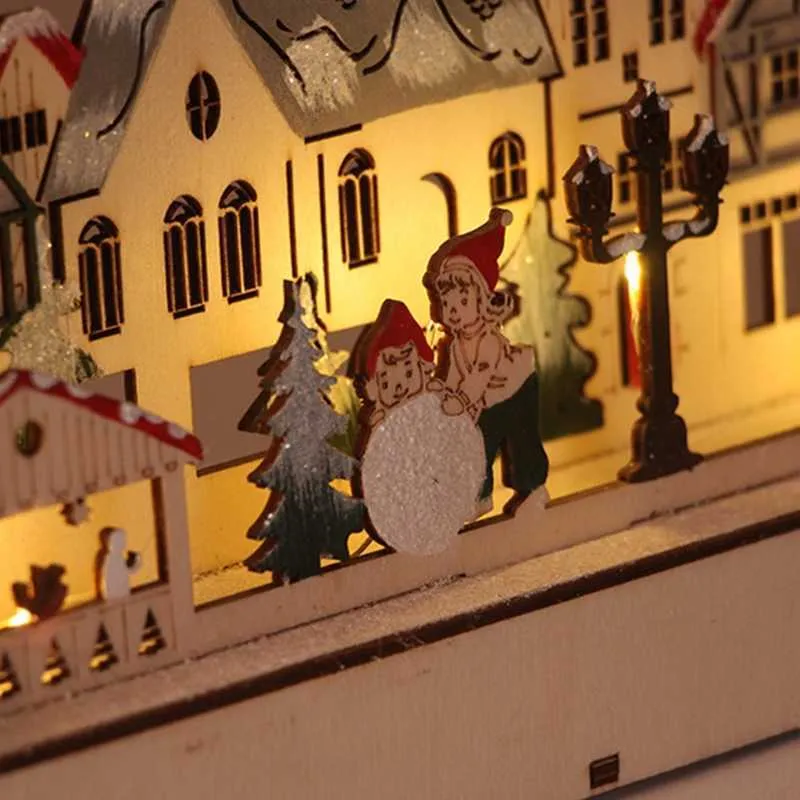 Weihnachten Desktop Holz Ornamente LED Licht leuchtende Weihnachten Dorf Home Dekoration P08282510
