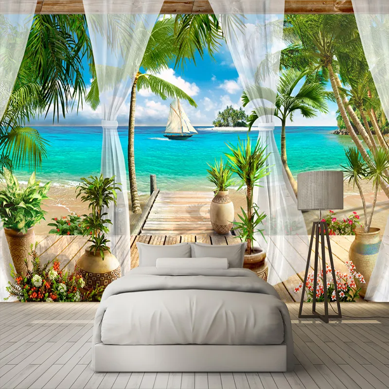 Personnalisé 3D Po Papier Peint Balcon Plage De Sable Vue Sur La Mer 3D Salon Canapé Chambre TV Fond Mural Papier Peint Décor À La Maison323F