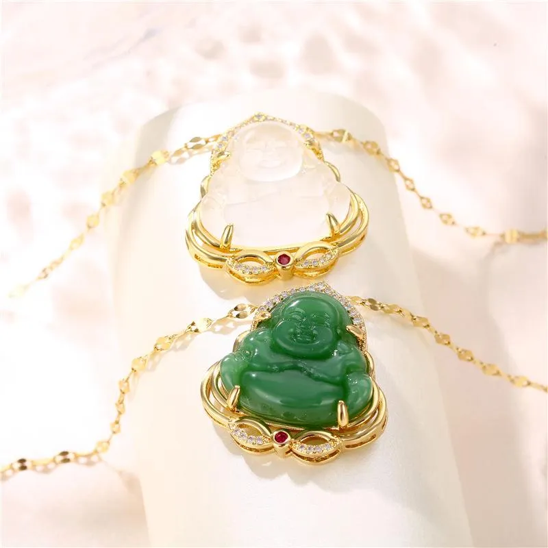 Pendentif Colliers Exquis Émeraude Imitation Jade Souriant Maitreya Bouddha Garde Pour Femmes Filles Chanceux Bijoux Anniversaire Cadeau216U