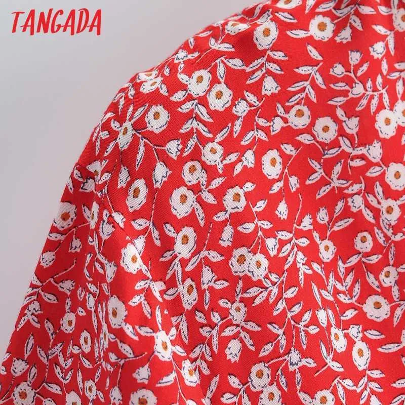 Tangada été rouge imprimé fleuri col en V robe à manches courtes dames longue robe Vestidos 1F123 210609