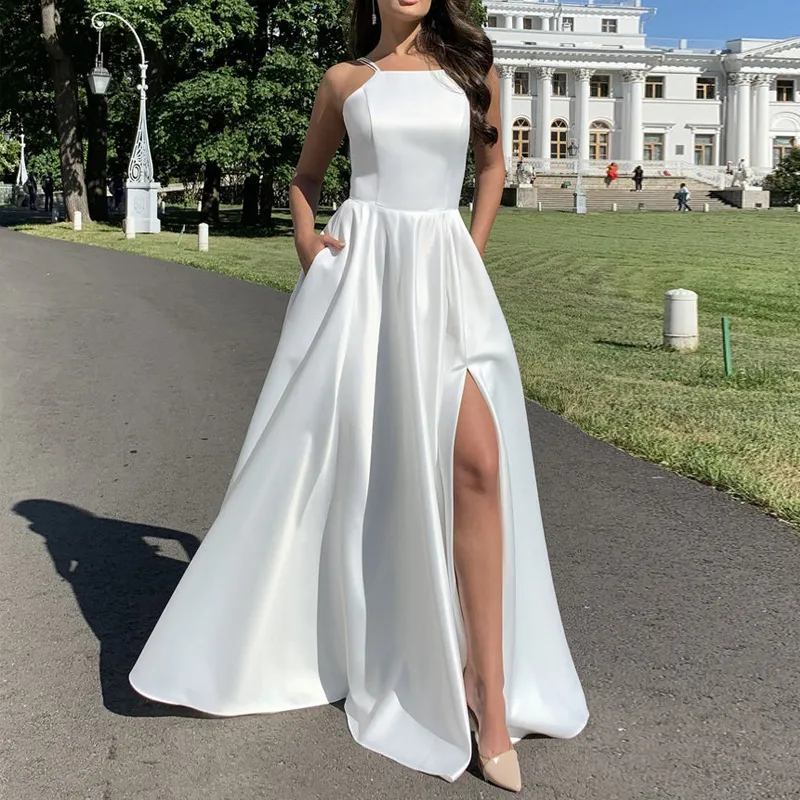 Vrouwen jurk mouwloze split white sexy strand jurken plus size lange bohemian voor mode 210513