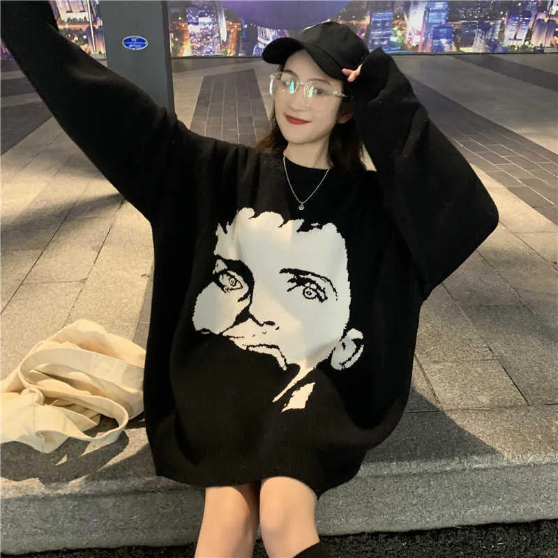 Korobow Übergröße Langarm Oansatz Pullover Korean Cartoon Figur Sueter Mujer Streetwear Frauen Harajuku Pullover 79292 211018