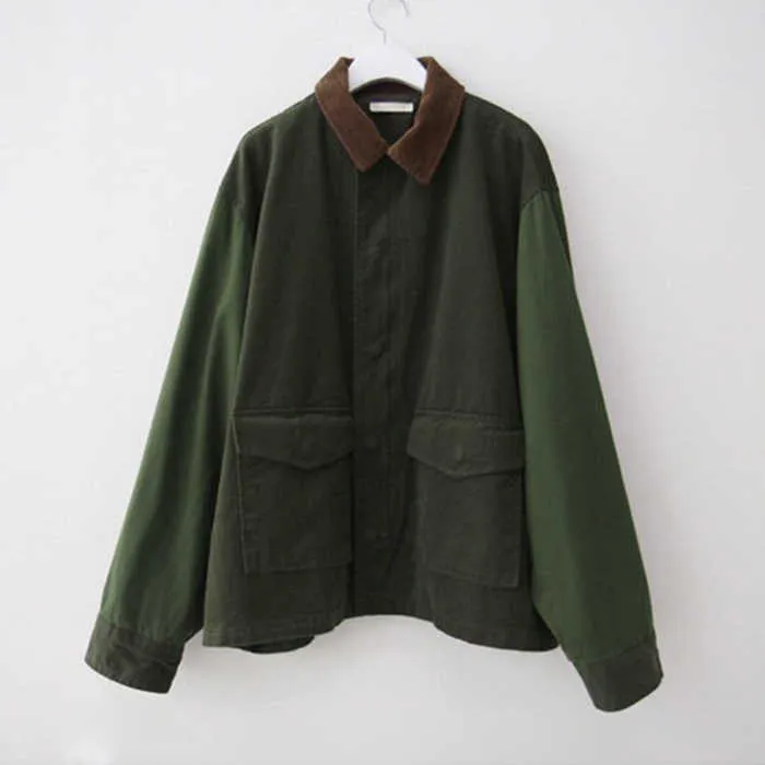 Koreanische Dicke Herbst Vintage Revers Casual Stil Lose Volle Laterne Hülse Mäntel und Jacken Frauen Armee Grün Streetwear 211025