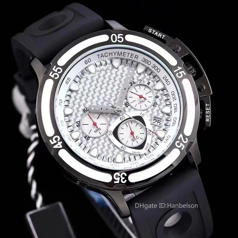 Mens Sport Watches Chronograph Wristwatches Japan quartz movement Steel case Red rubber strap reloj de lujo Hanbelson250G