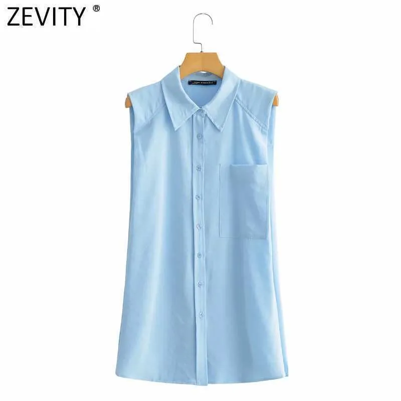 Zevity Women Simply Breasted Solid Color Kamizelka Bez Rękawów Koszula Koszula Biurowa Panie Pocket Bluzka Roupas Chic Chemise Topy LS9278 210603