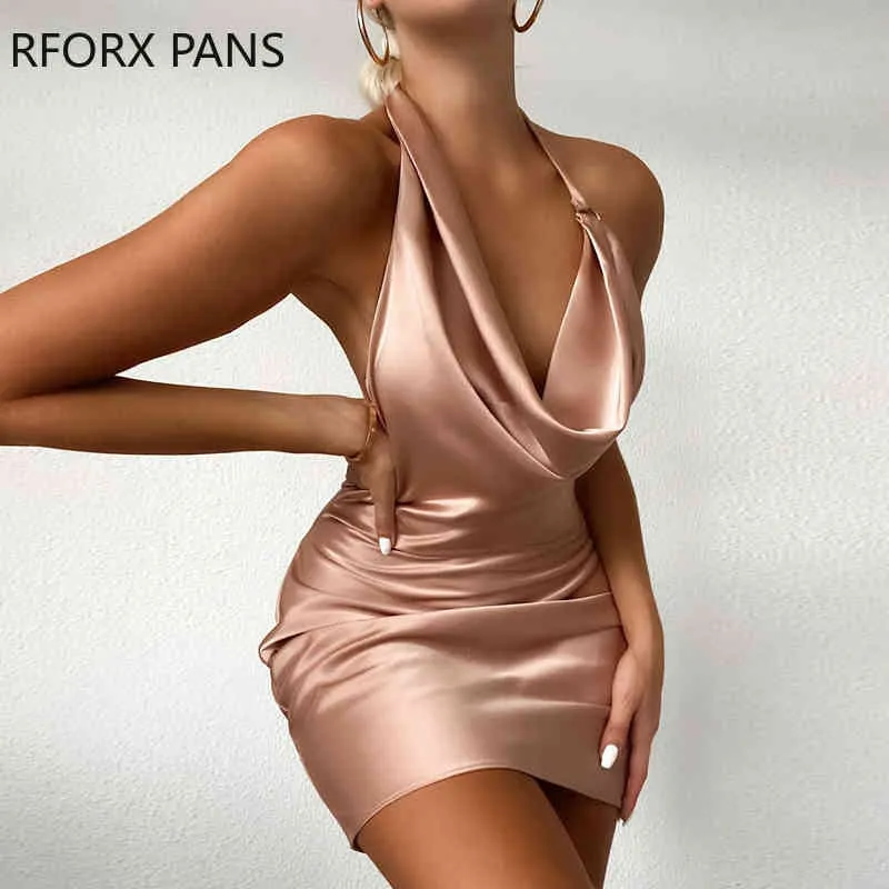Kobiety Solidna Neck Cowl Satin Ruched Party Dress Mini Dress Bodycon Elegancka Dress X0521