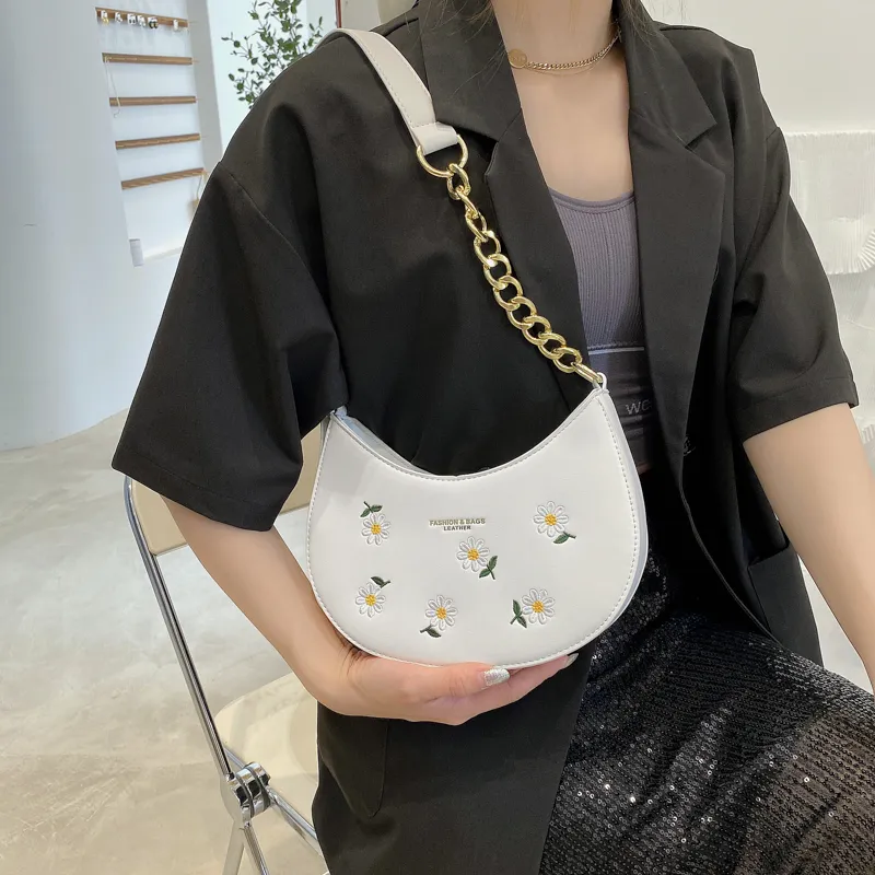 Embroidery Floral Shoulder Bag Moon Chain Women Summer Beach Handbag Branded Designer PU Leather