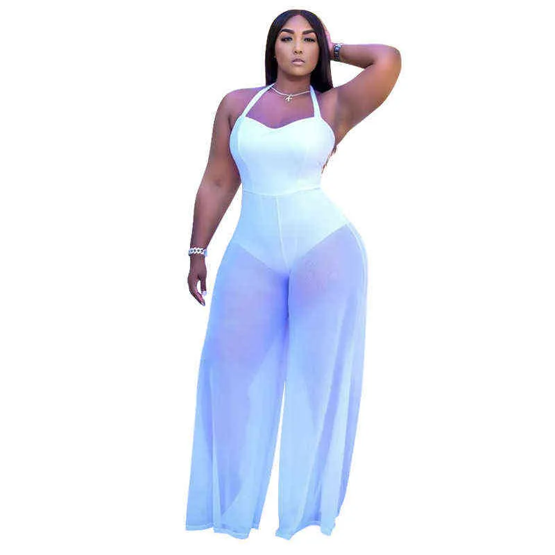 Women Mesh See Though Straight Jumpsuit Sexy Plus Size Halter Neck Sleeveless Romper Overall Romper Outfit 211116