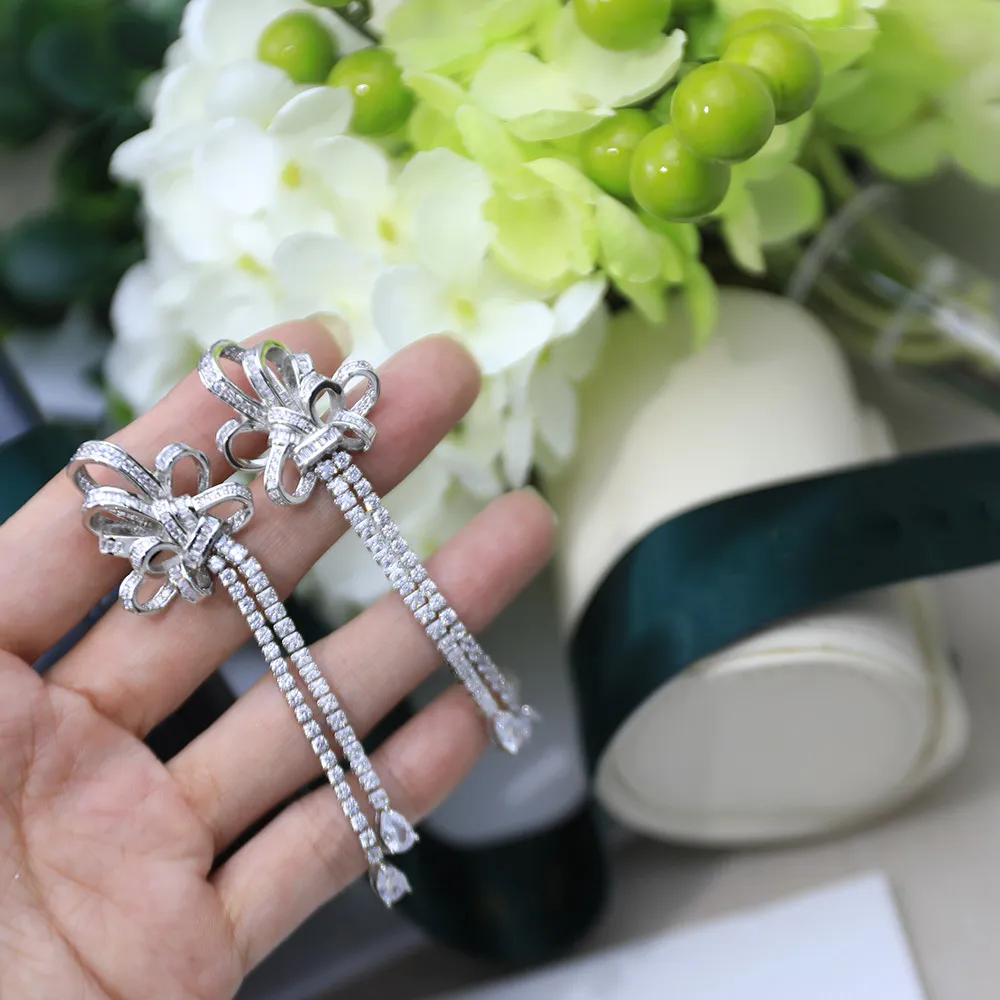 Gorgeous Luxury Brand Jewelry Bow Tassel Earrings Sterling Silver Allergy AAA Zircon Style Lady Eegance 2021 The