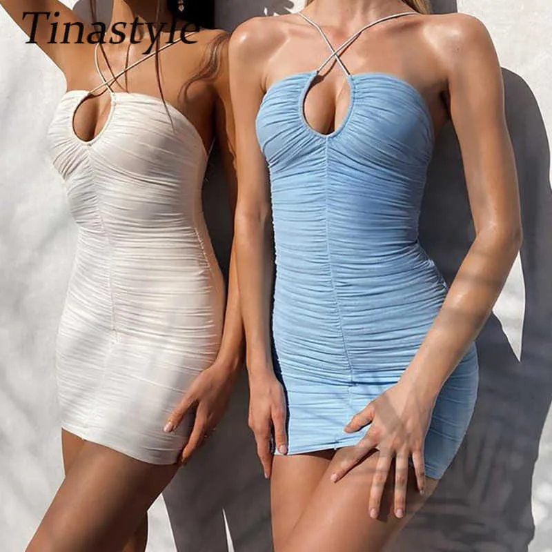 Tinastyle doble capas malla ceñido al cuerpo vestido de verano mujeres fuera del hombro Sexy ceñido al cuerpo Mini vestido corto sin espalda vestido de playa Vestidos Y0603