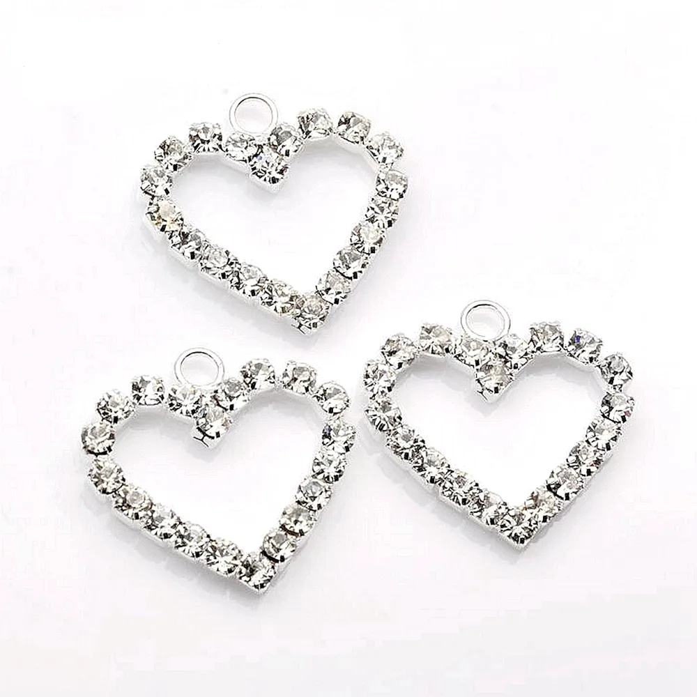 100 pçs placa de prata claro strass em forma de coração pingentes charme para fazer jóias pulseira colar descobertas 002307205r