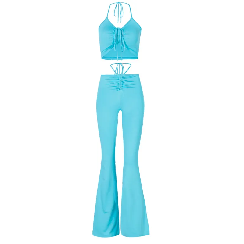 Kadınlar İki Parçalı Set Kıyafetler Pileli İpli Kırpma Üst Yüksek Bel Bandaj Flare Pantolon Takım Elbise Yaz Plaj Tatil Giysileri 210517