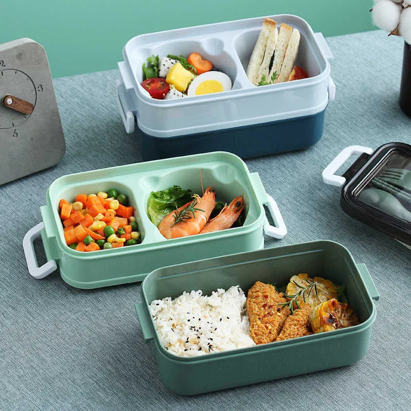 Plastic Double-layer Bento Lunch Box School Kids Office Worker Microwae Heating Lunch Container Food Storage Kitchen Accessories 210925