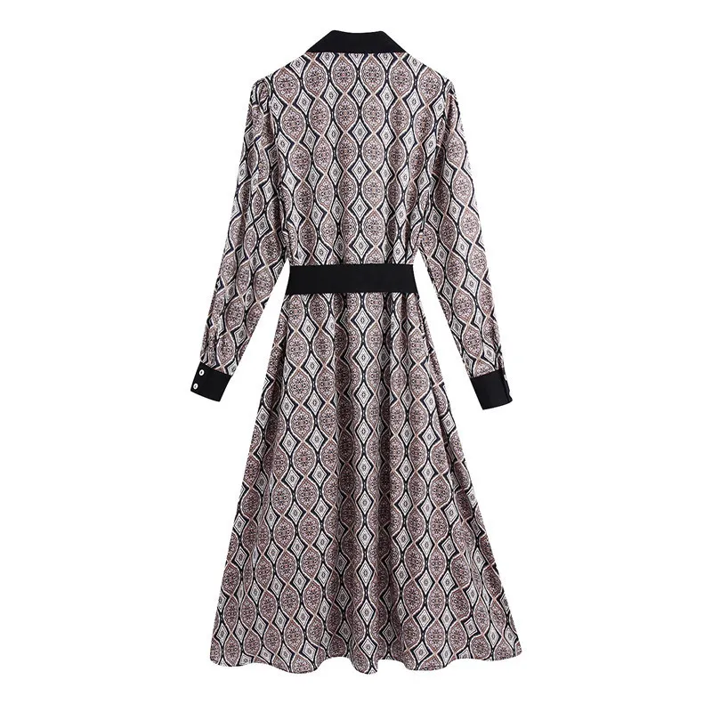 BLSQR Elegant Geometry Print Dress Women Lapel Long Sleeve Sashes Holiday Office Ladies Midi 210430