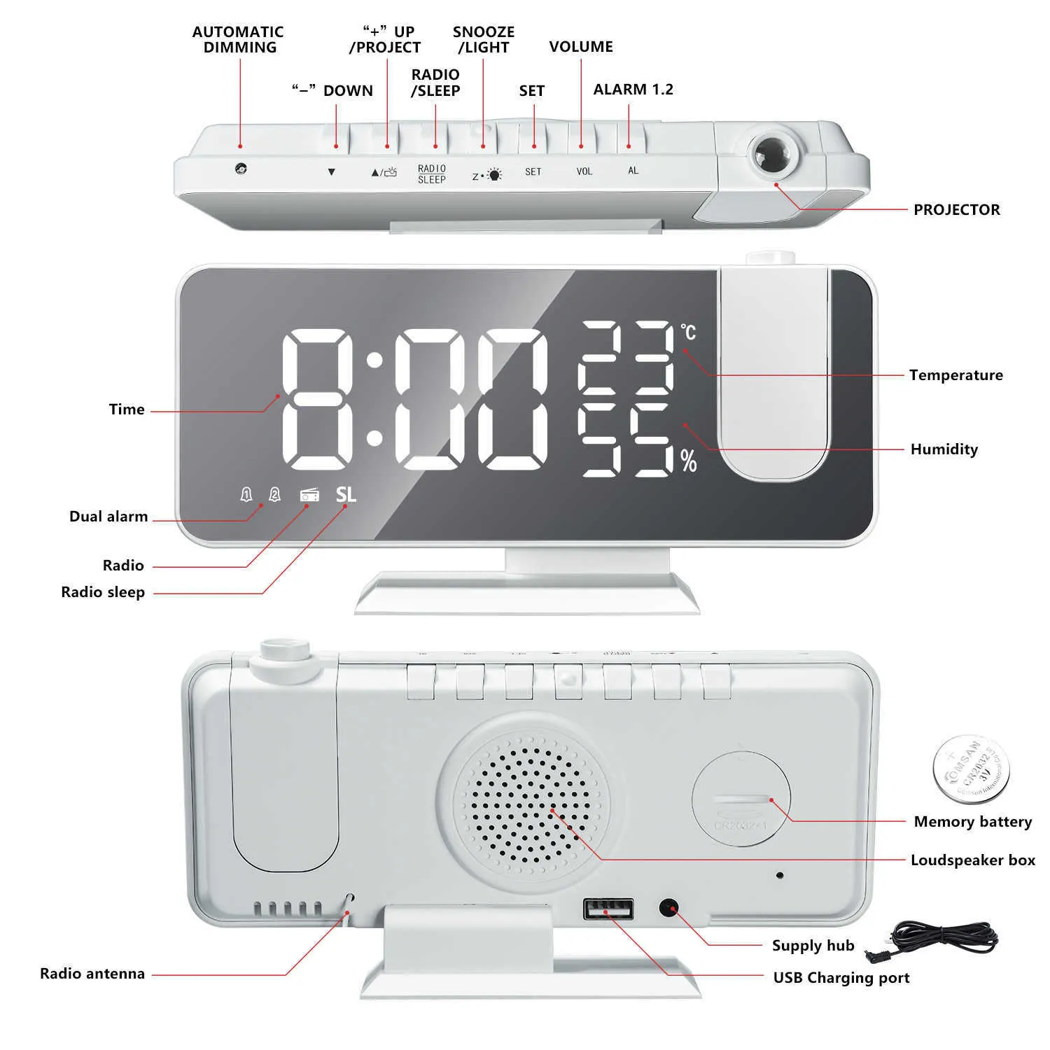 Sveglia digitale a LED Orologio da tavolo Orologi da tavolo elettronici Sveglia USB Radio FM Proiettore temporale Snooze 210804