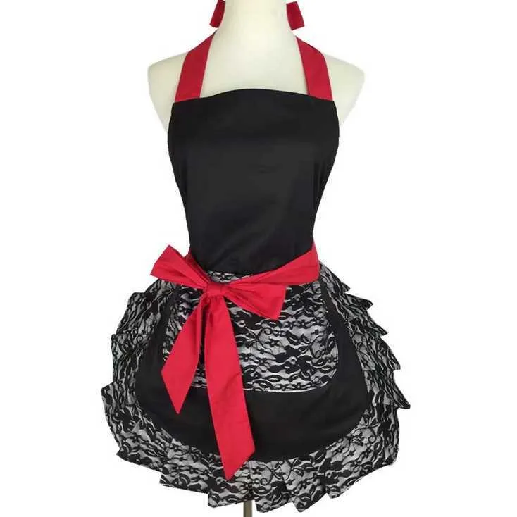 Härlig retro Förkläden för kvinnor Förkläde Kök Barista Söt Bowknot med fickor Justerbar bomull Sexig Polka Dot Delikat Hemline 210625