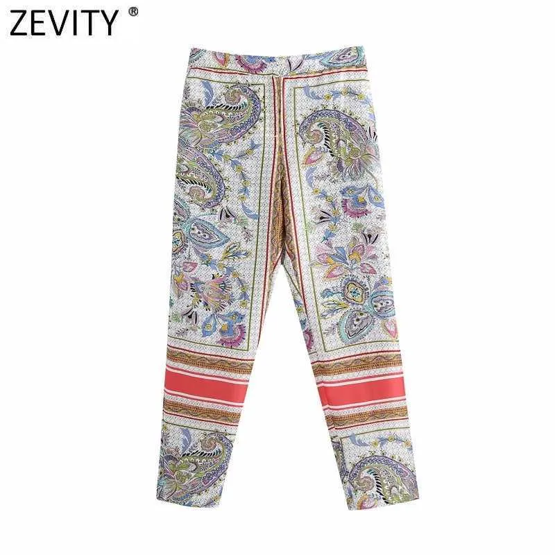 Zevidade Mulheres Vintage Striped Patchwork Cashw Nuts Impressão Calças de Cetim Retro Zipper Fly Chic Ankle Comprimento Calças P1017 210603