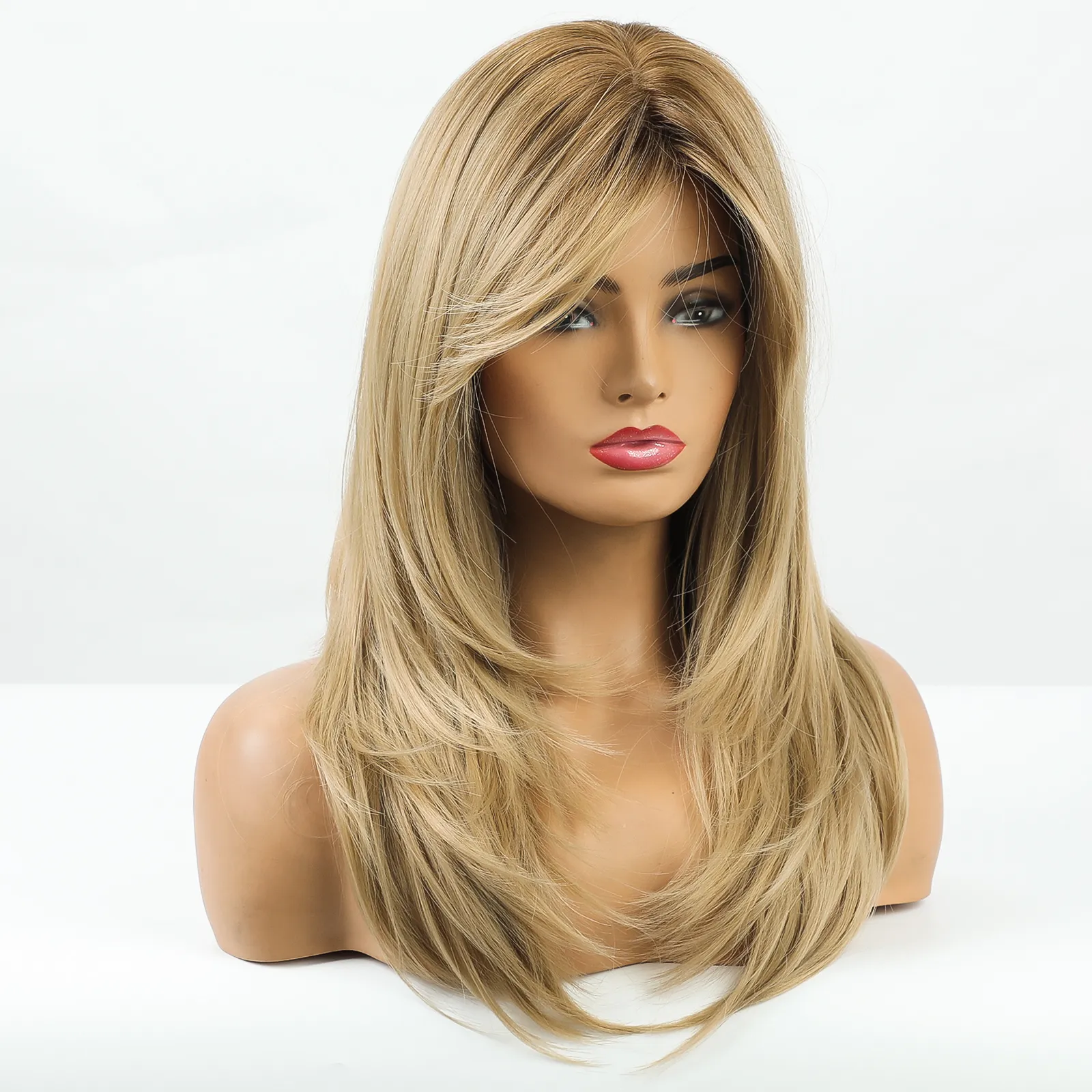 Long Wavy Synthetic Wig Hair Ombre Golden Yellow Blonde Natural Straight Layered Wigs with Side Bangs for African American Womenfactory dire