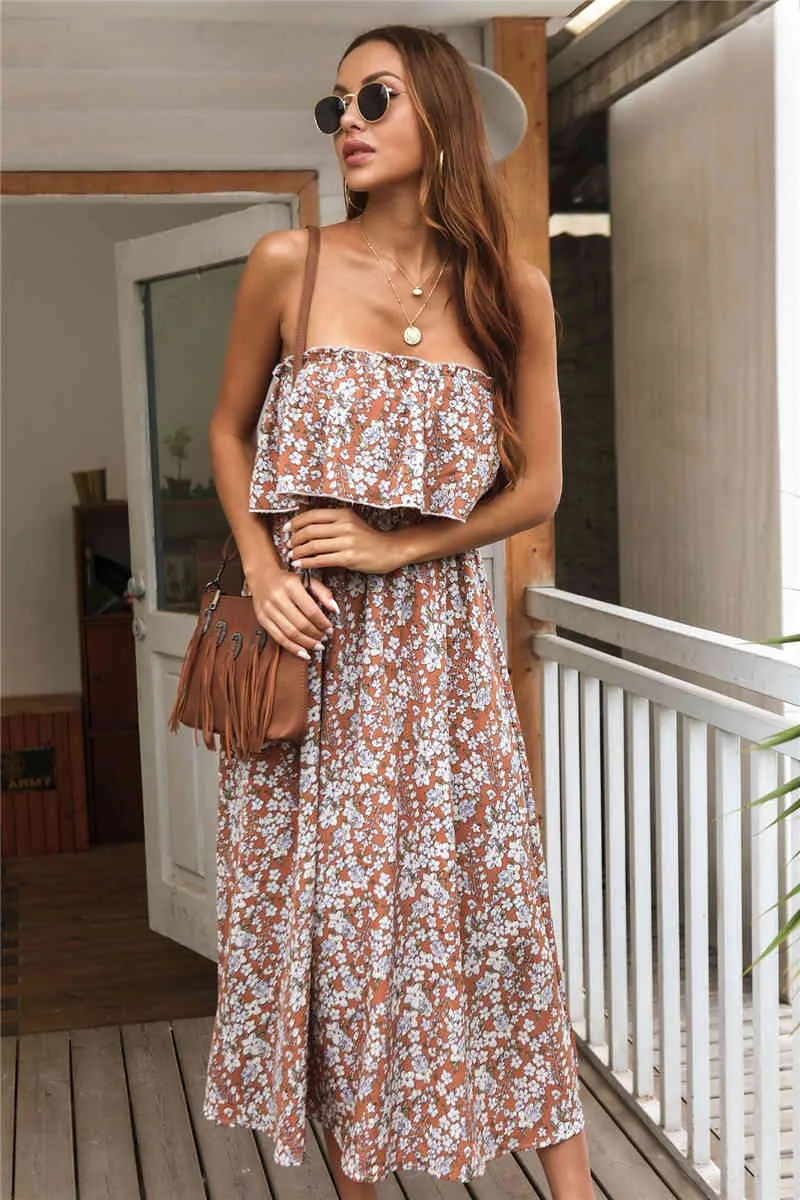 Abito lungo da spiaggia estivo da donna con stampa floreale Boho Top lungo in chiffon con spalle scoperte Abito da vacanza sexy con spalle scoperte 210520