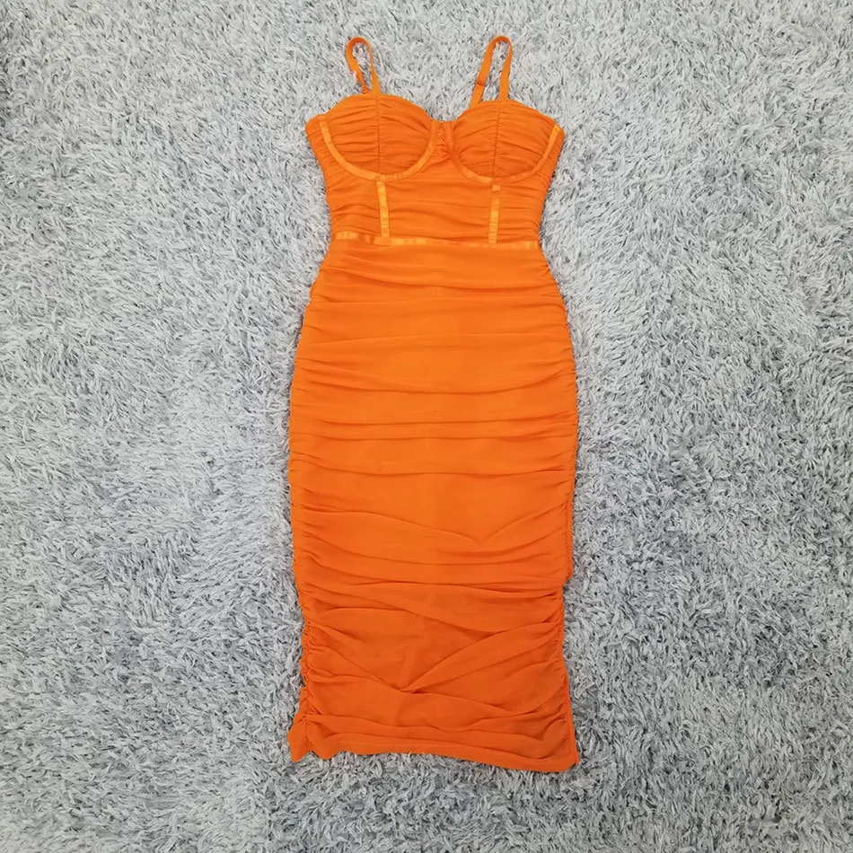 Free Sexy Women's Mesh Patchwork Bandage Dress Spaghetti Strap Sleeveless Orange Bodycon Midi Club Party Vestidos 210524