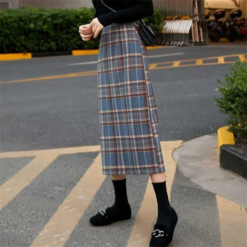 女性のためのプラスサイズのハイウエストミディロングウールチェック柄スカートの女性冬暖かいエレガントなオフィスレディヴィンテージ秋Maxi S 210621