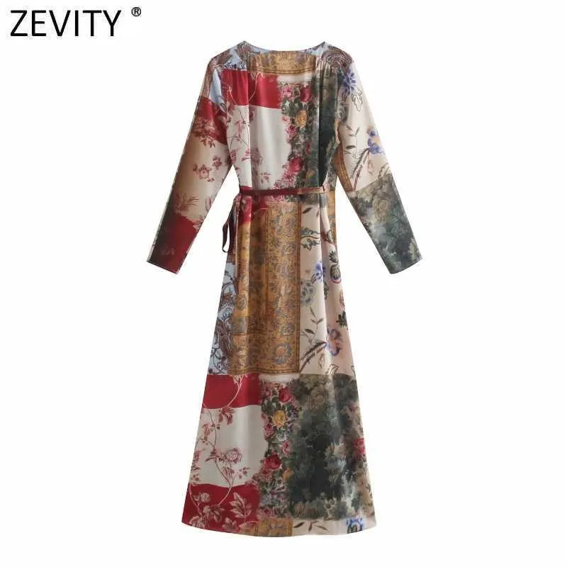 Zevity Women Vintage Cross V Neckduk Patchwork Print Kimono Midi Klänning Kvinna Chic Casual Slim Lace Up Vestidos DS8115 210603